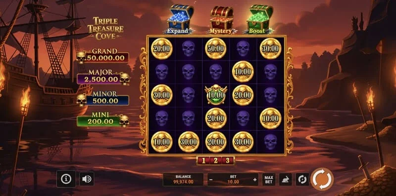 Triple Treasure Cove - Hauptbildschirm mit Rollen und einer Piratenbucht